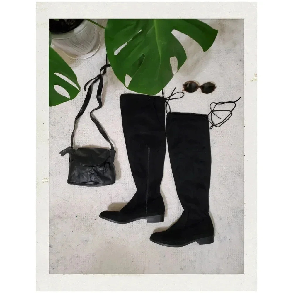 INC | Immanie Over-The-Knee Zippered Tie Slouchy Black Flat 7.5 Boots